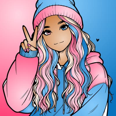 a teenage girl in a beanie, oversized sweatshirt, wavy long hair, and is showing a ✌️