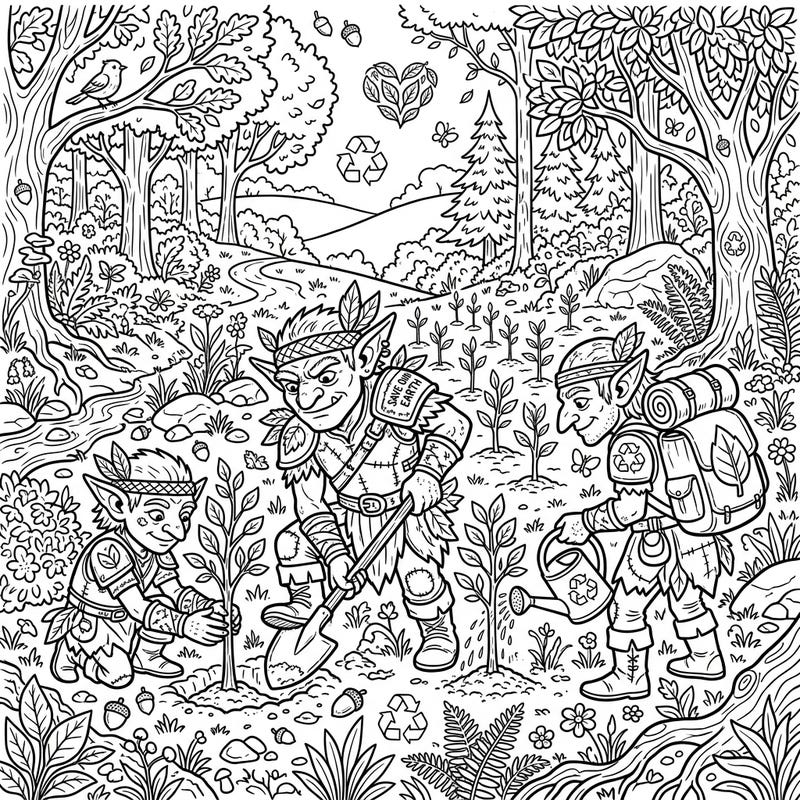 Witness an unexpected alliance as fierce Goblin Warriors dedicate themselves to nature on this special Earth Day coloring page. Join them in a mission to plant trees and protect our planet!