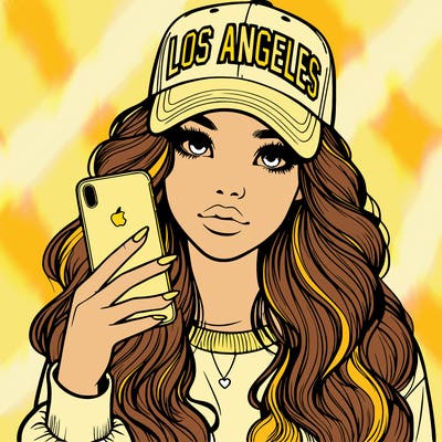 realistic beautiful girl wearing los ángeles cap holding an iphone