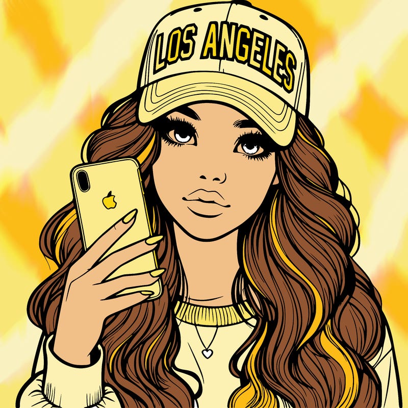 realistic beautiful girl wearing los ángeles cap holding an iphone
