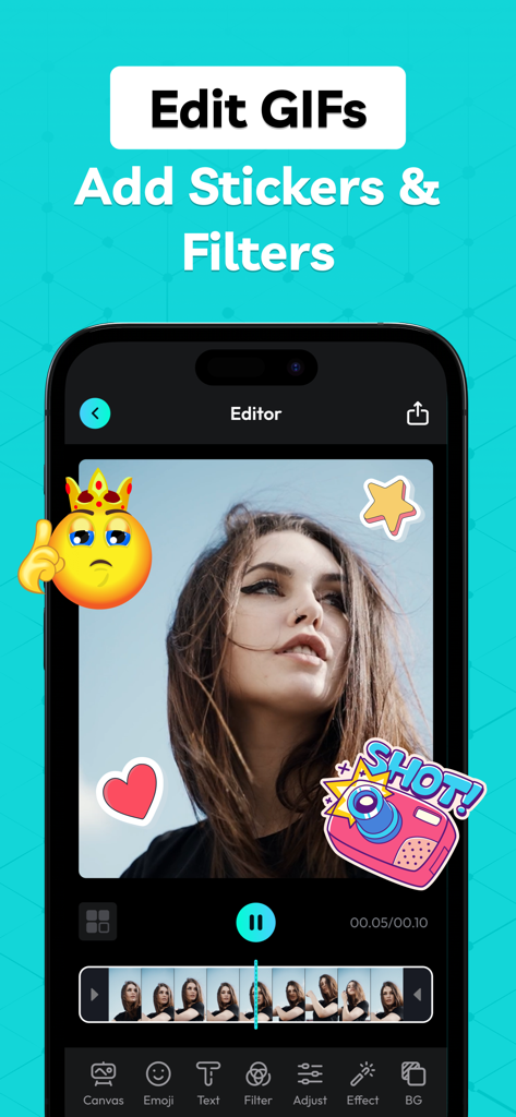 AI GIF Maker app interface showing how to edit GIFs by adding stickers and filters to a portrait.