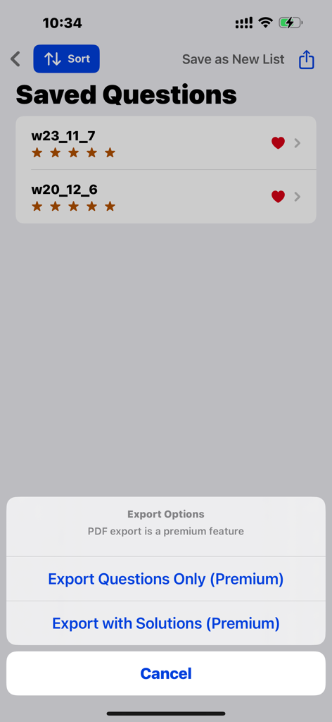 Saved math questions screen with PDF export options in the ALevel app