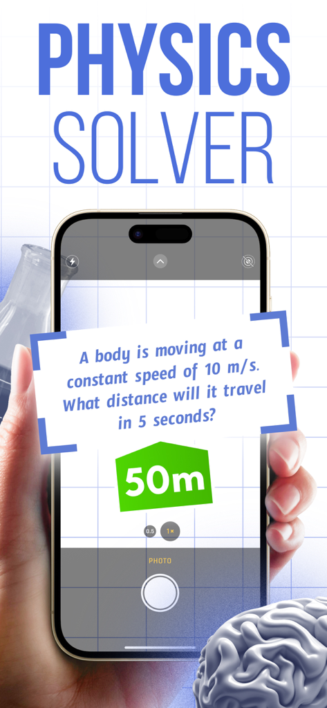 A hand holding a smartphone using the Physics Solver app to scan and solve a mechanics problem instantly.