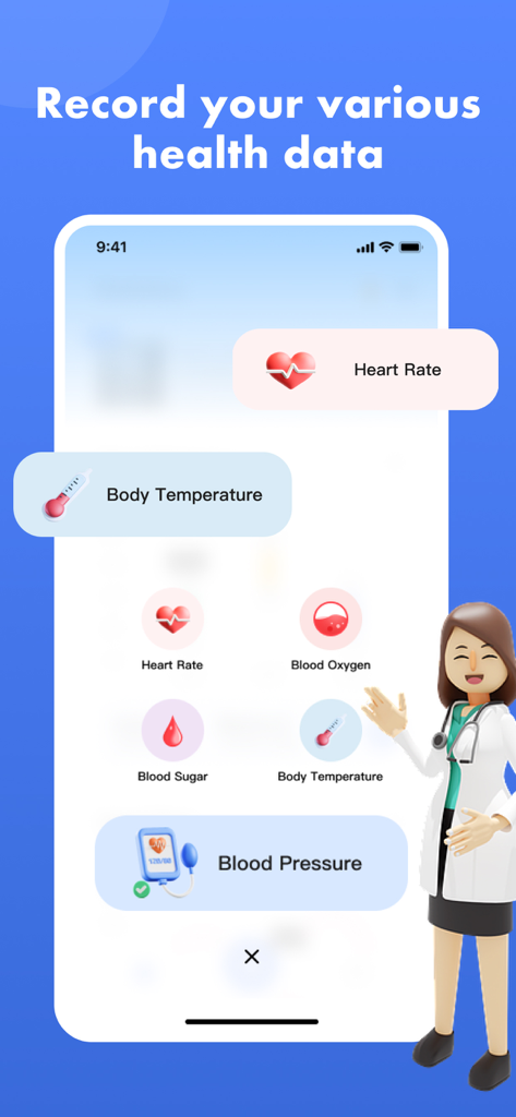 Blood Pressure App-Health Body - iPhone-Bildschirm, der verschiedene zu protokollierende Gesundheitsmetriken anzeigt, einschließlich Blutdruck, Herzfrequenz und Körpertemperatur mit einem Cartoon-Arzt