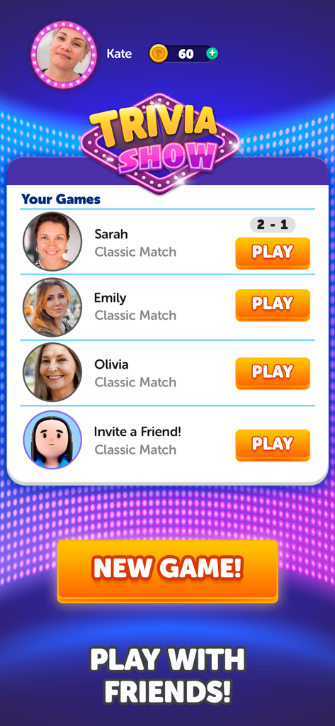 Trivia Show app screen showing current matches with friends and a new game button