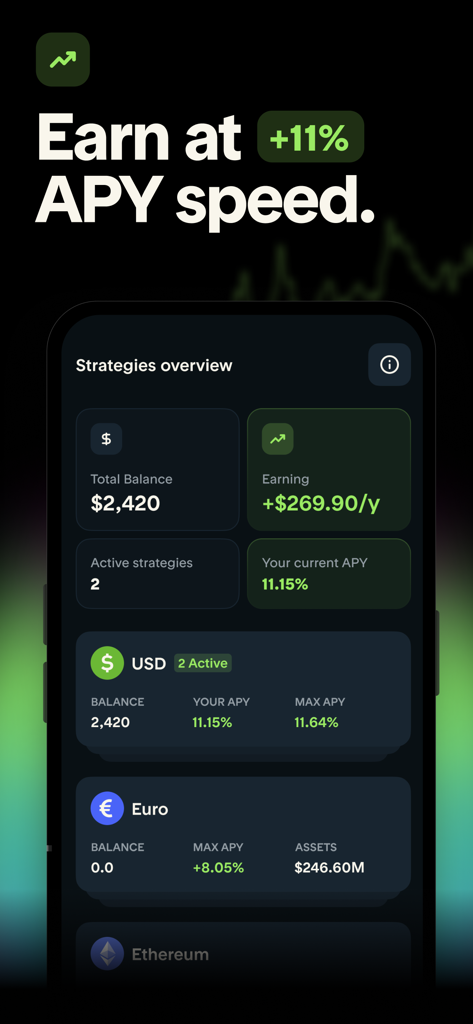 Tuyo: Speed up your money - Tuyo app dashboard showing yield earning strategies and APY performance for global currencies