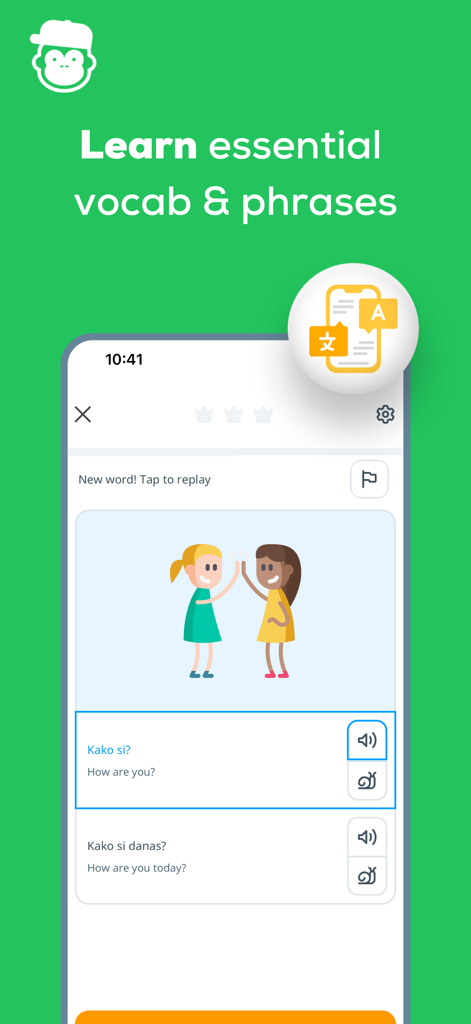 A language lesson in the Ling app teaching essential Serbian phrases with native speaker audio buttons and character illustrations.
