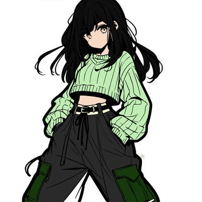 anime teen girl with baggy pants and crop top with sweater