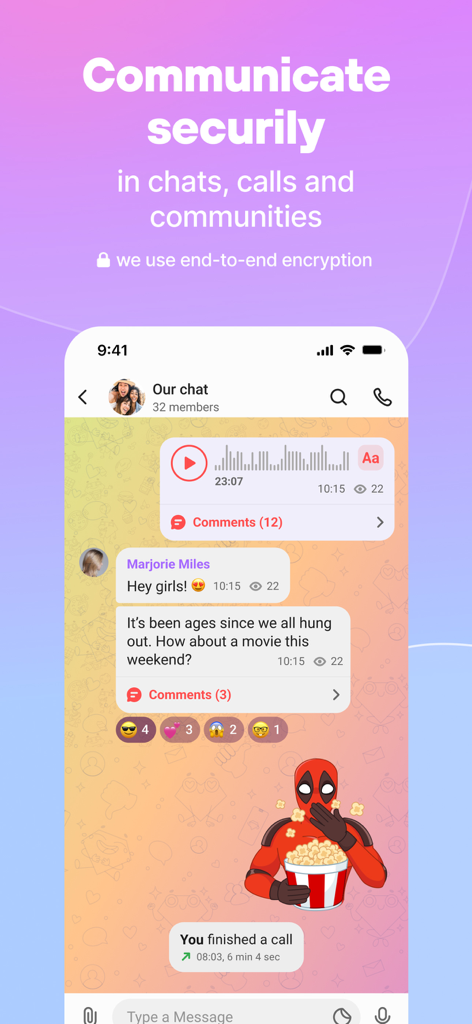 Online Messenger - Gem Space - Secure group chat interface in Gem Space app featuring end-to-end encryption and interactive stickers