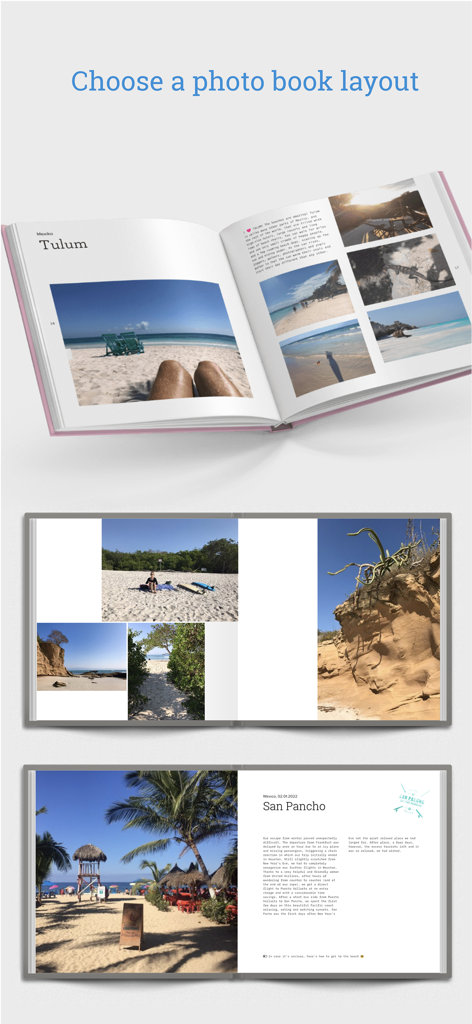 Tripmii - Travel Diary - A selection of customizable layouts for creating a printed travel photo book from a digital diary.