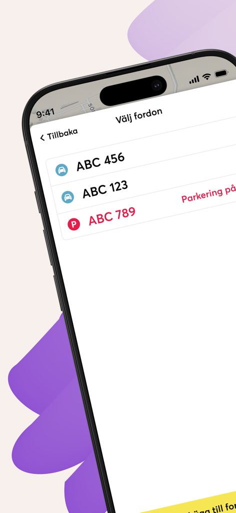 LinPark app screen showing a list of registered vehicle license plates for parking selection