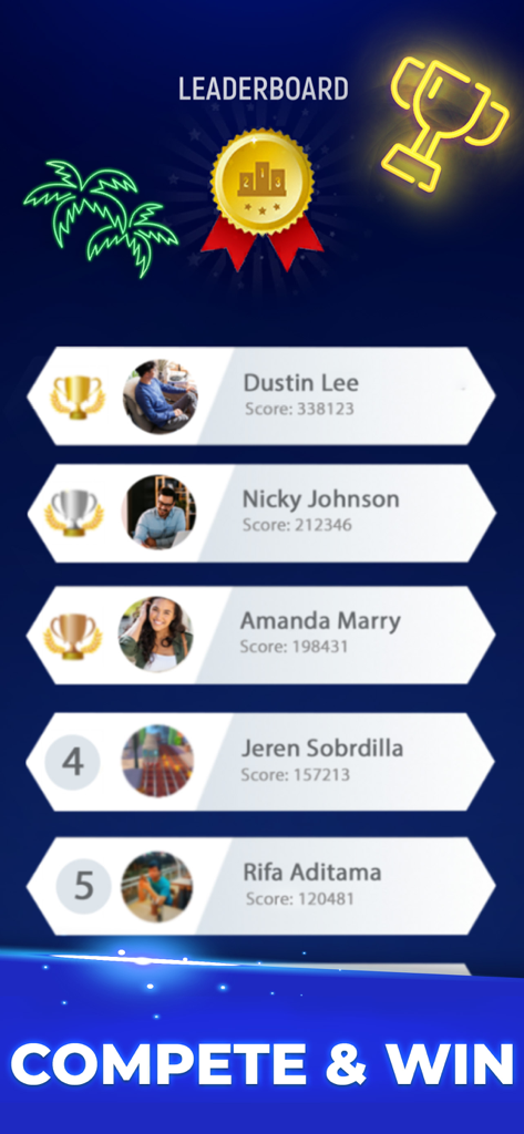 Tiles Hop: Music Ball Clash - Una pantalla de tabla de clasificación global que muestra las clasificaciones de jugadores y las puntuaciones más altas en Tiles Hop Music Ball Clash