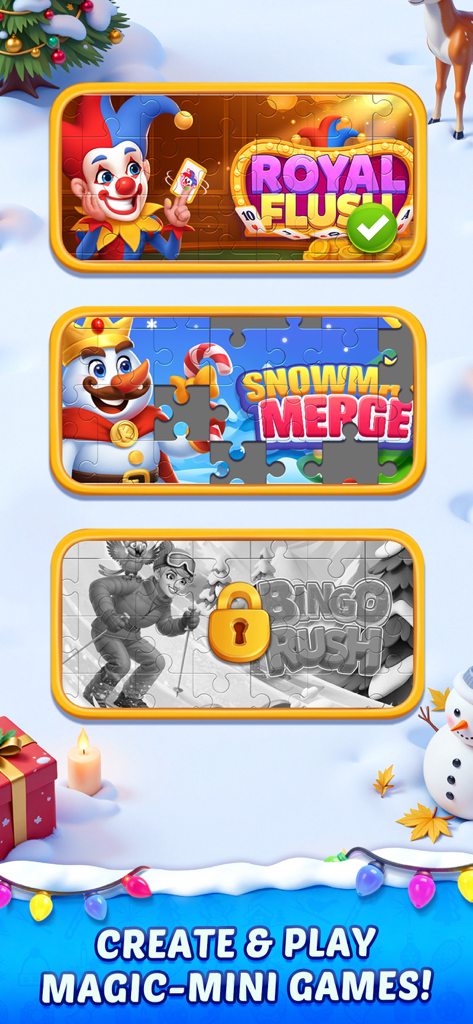 Un menu di mini giochi di puzzle di giunzione in Bingo Voyage con i temi Royal Flush e Unione Pupazzi di Neve