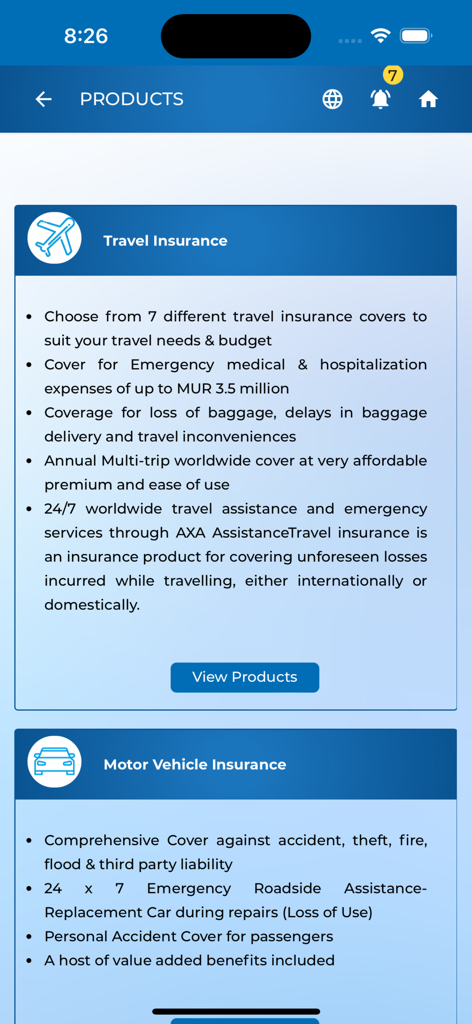 NIC I.sphere - NIC I.sphere app screen showing travel and motor vehicle insurance product options