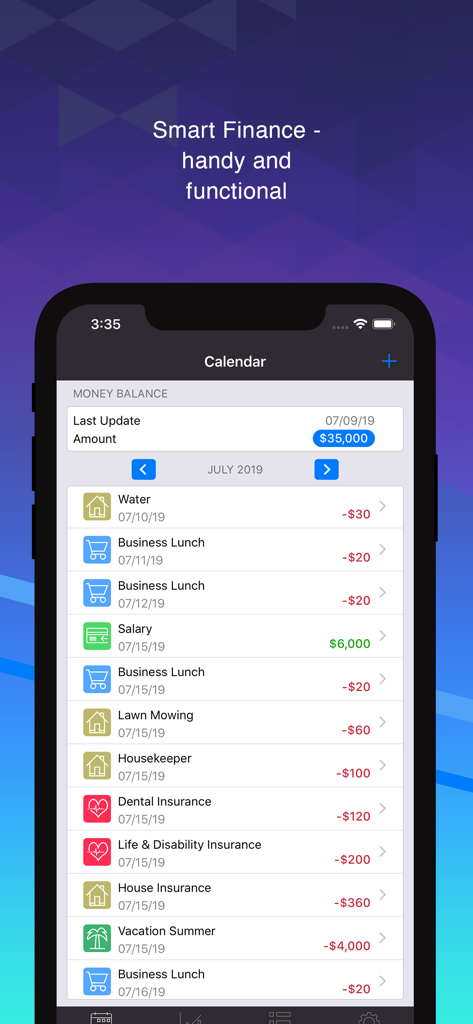 Smart Finance & Budget - Smart Finance app interface showing a monthly calendar view with a list of income and expense transactions