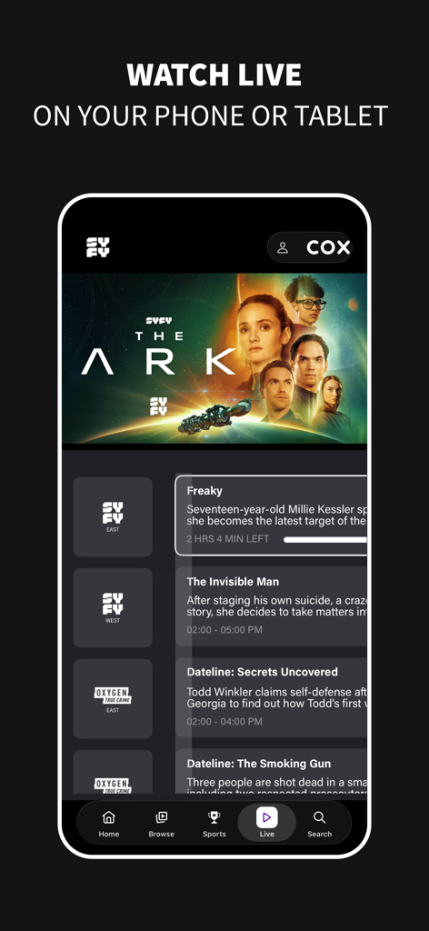 SYFY app interface showing a live TV program guide with schedules for SYFY and Oxygen networks