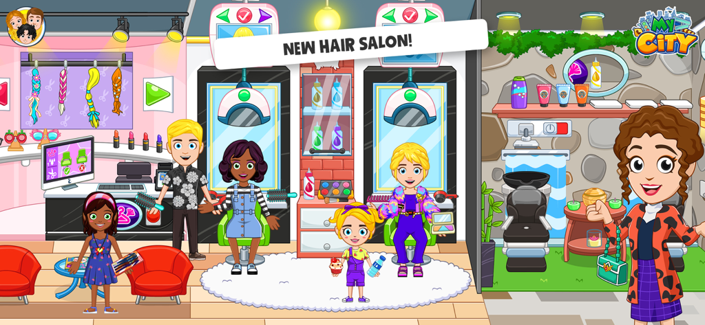 My City: Shopping Mall Fun - Children characters enjoying a hair salon makeover in the My City Shopping Mall Fun app