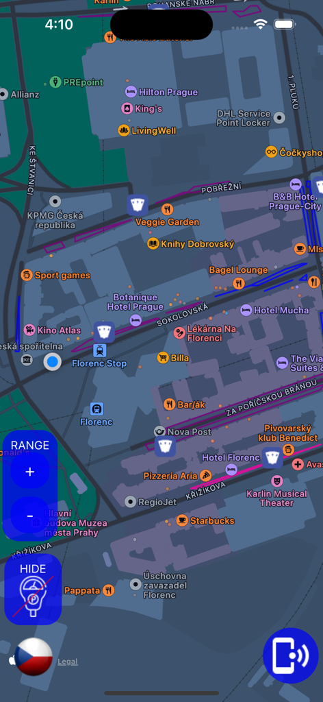 Park Prague - Vista mappa dell'app Park Prague che mostra zone di parcheggio e punti di interesse