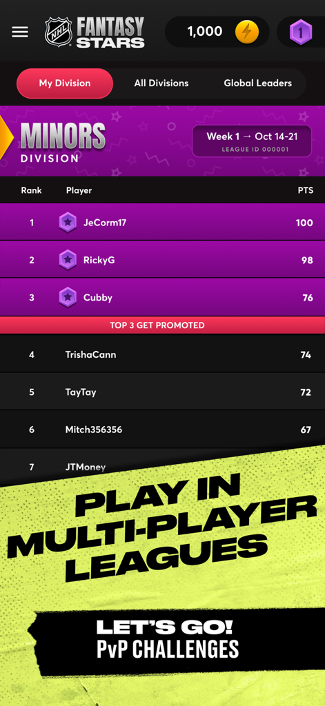 NHL Fantasy Stars PvP leaderboard showing player rankings in the Minors Division