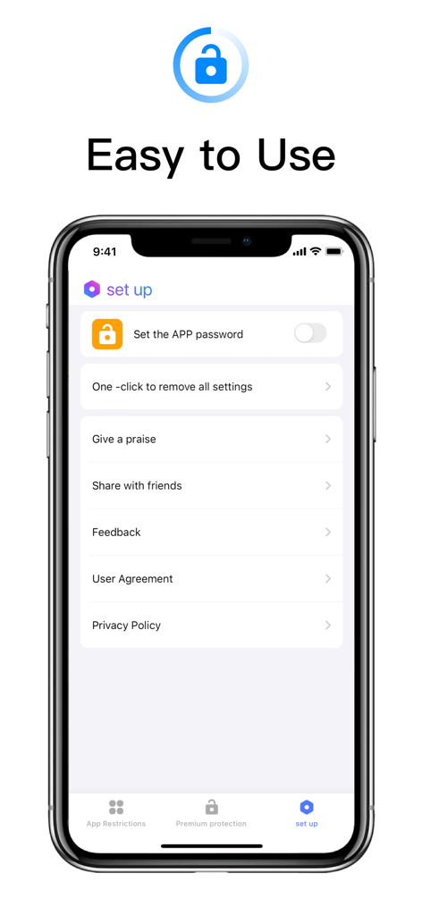 App Lock-Lock Apps, App Locker - Mobile app interface showing easy setup menu for app lock and privacy settings