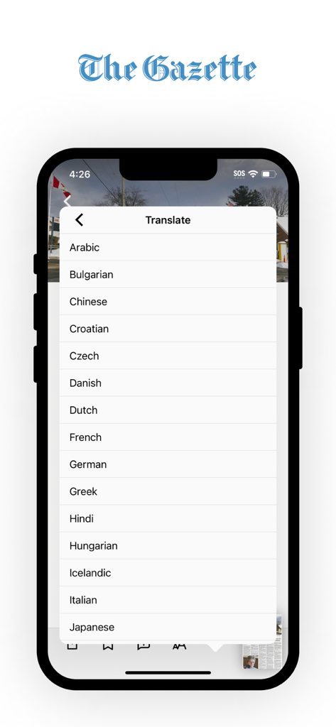 Montreal Gazette ePaper - Montreal Gazette ePaper app screen displaying a list of available languages for article translation.