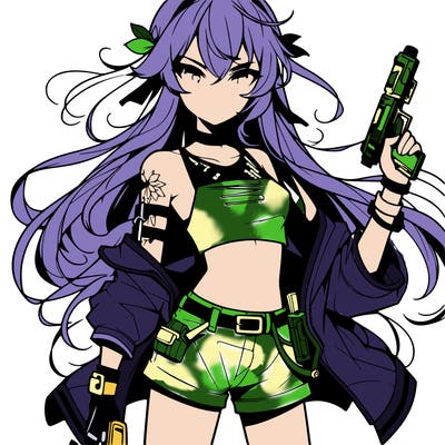 bad girl wearing crop top holding a gun long hair anime
