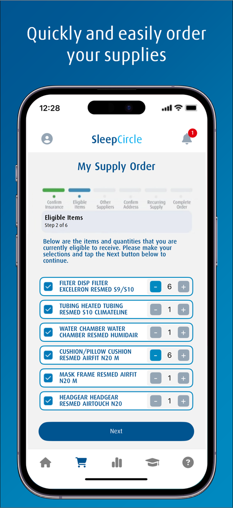 SleepCircle - SleepCircle app interface showing the supply order screen where users can select eligible CPAP items like filters and masks