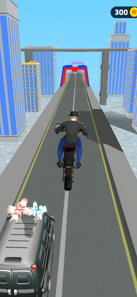 Hero adventure: catch enemies - A superhero character on a motorcycle being pursued by a police van through a city environment.