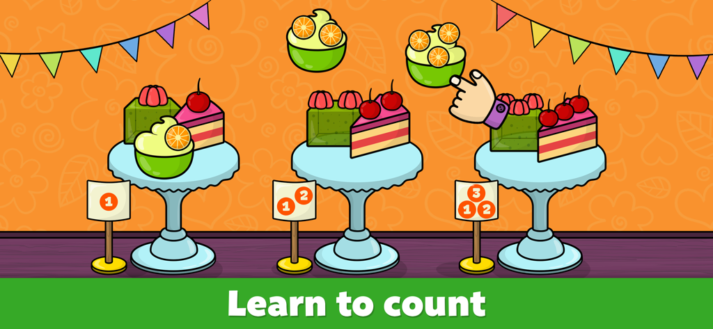 A educational counting game for toddlers featuring cakes and numbers.