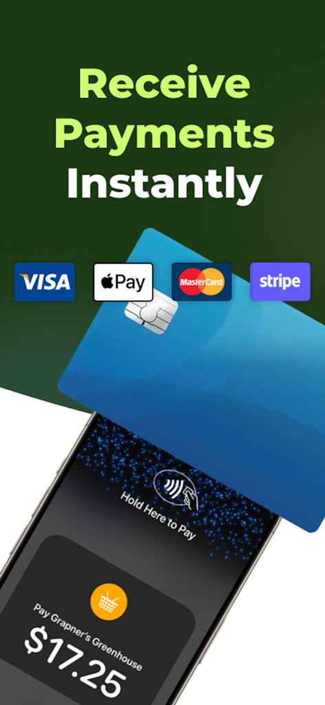 Smartphone-Oberfläche für den Empfang sofortiger Zahlungen per Kreditkarte und Apple Pay