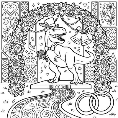 Get ready for a truly unique celebration with this hilarious T-Rex wedding coloring page! Imagine the joy of bringing vibrant colors to this colossal dinosaur as it ties the knot amidst elegant floral arches and sparkling confetti.