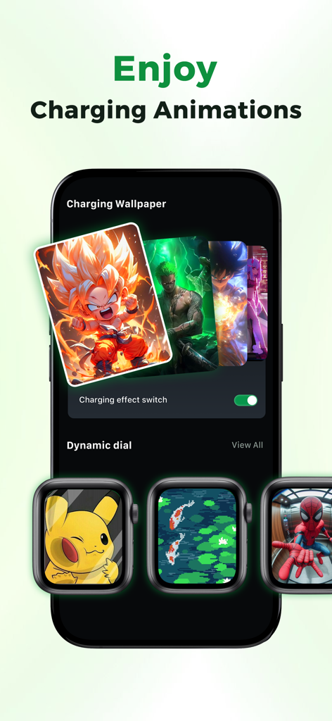 Device Care: Storage & Battery - The charging animations and dynamic dial selection screen in the Device Care app featuring popular character themes.