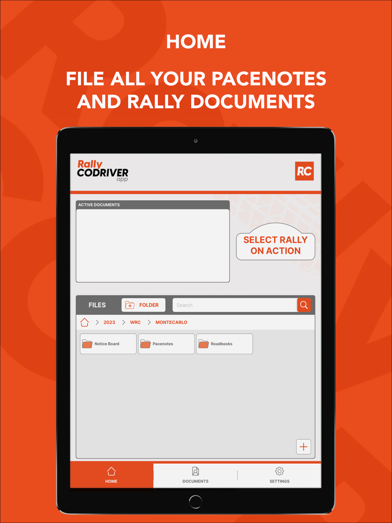 Rally Codriver - Schermata principale dell'app Rally Codriver che mostra l'organizzazione digitale delle note di navigazione e dei documenti di rally su un iPad.