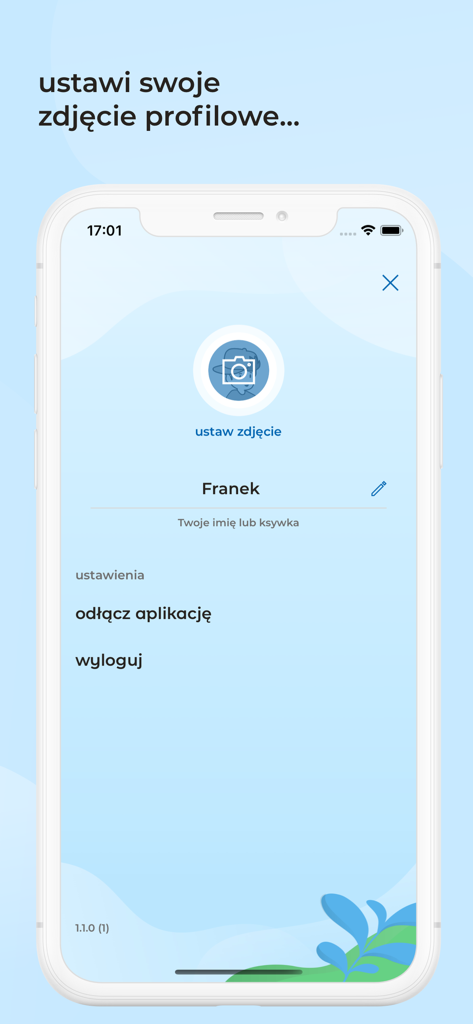 mBank Junior - A profile settings screen in the mBank Junior app allowing children to set their name and profile picture