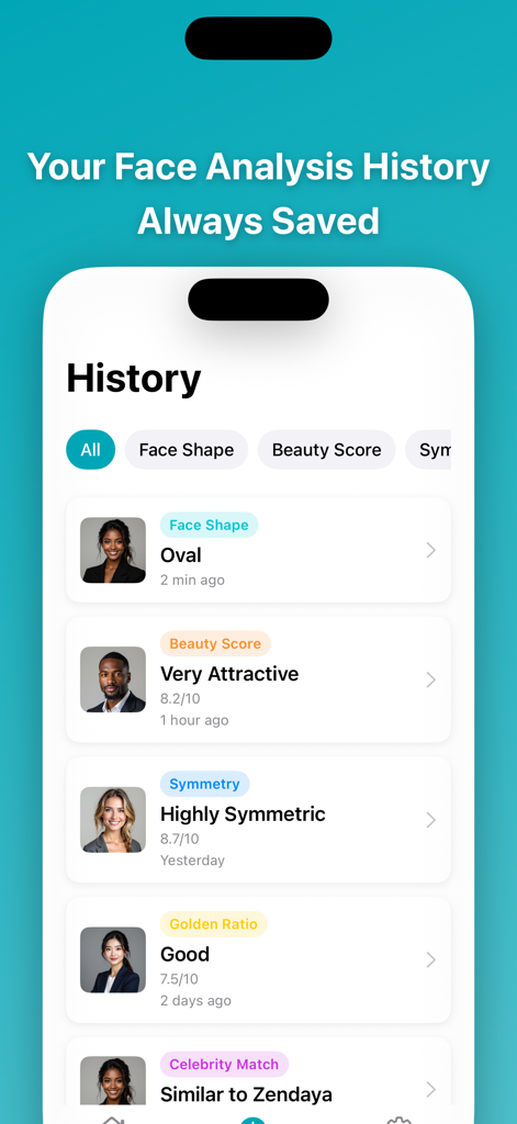 Face analysis history screen in the Face Shape AI app showing previous beauty scores and face shape results.