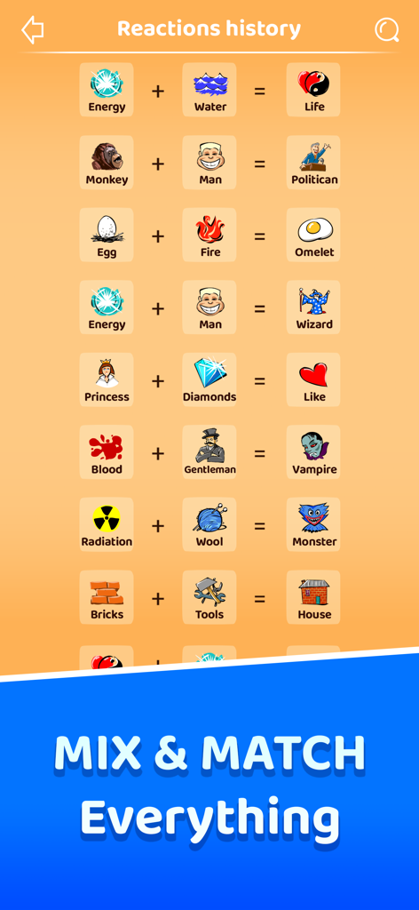 Infinite Craft'er: Alchemy - Tela de histórico de reações em Infinite Crafter Alchemy mostrando várias combinações de elementos e o recurso de misturar e combinar