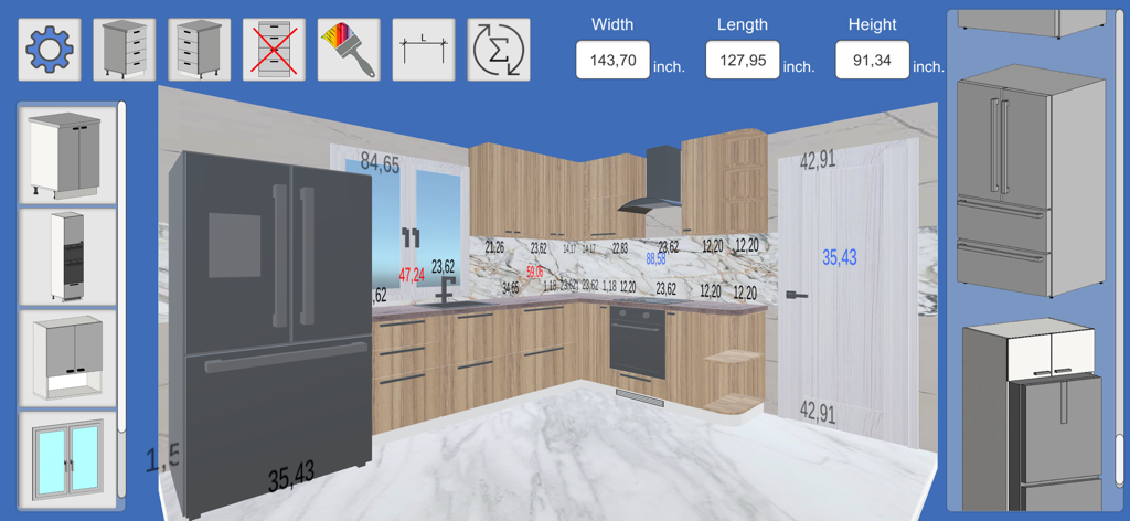 3D kitchen design interface with wood cabinets and dimensions in inches