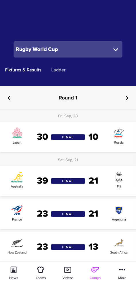 Rugby Xplorer app interface displaying Rugby World Cup Round 1 match results and scores.
