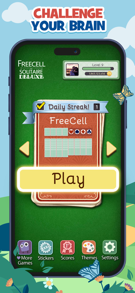 Pantalla de inicio de FreeCell Deluxe Social mostrando el botón Jugar y la Racha Diaria