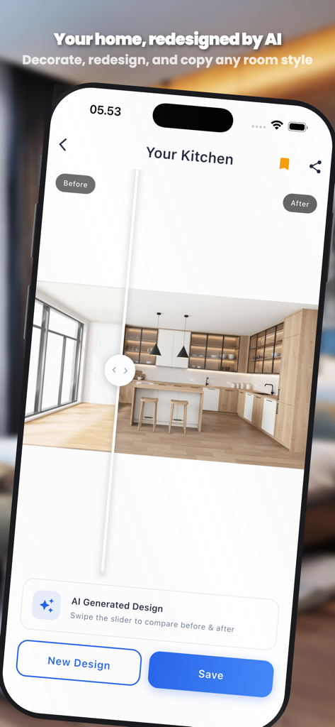 A before and after slider on a mobile app showing an AI-powered kitchen redesign with modern cabinetry and an island.