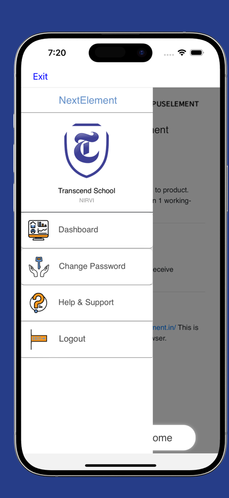 Transcend Education - Menú de navegación lateral de la aplicación Transcend Education con opciones de panel de control y soporte.