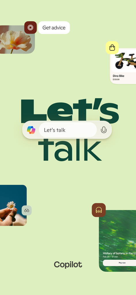 Microsoft Copilot mobile app home screen with a Let's talk prompt and AI features for shopping and advice.