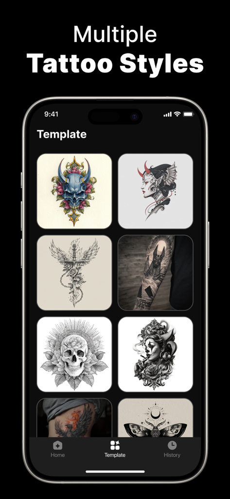 ArtReel: AI Tattoo Design - A mobile screen showing a grid of various tattoo design templates and styles in the ArtReel app.