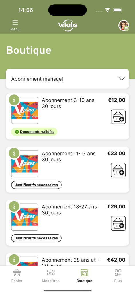 Vitalis - Écran de la boutique de l'application Vitalis montrant les options d'abonnement mensuel aux bus pour différentes tranches d'âge