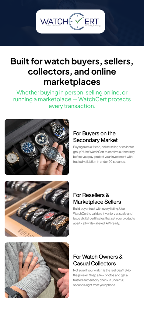 WatchCert: Watch Authenticator - Promotional screen highlighting WatchCert services for luxury watch buyers resellers and collectors