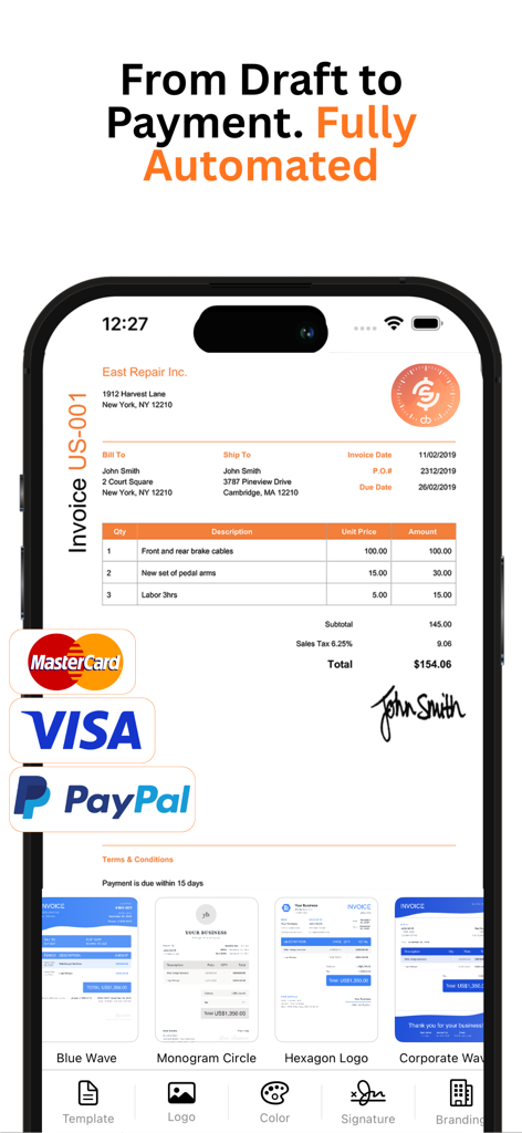 Invoice Manager app screen displaying automated invoice creation with professional templates and payment options
