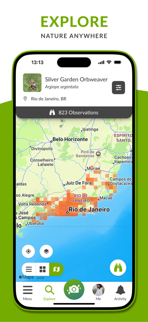 iNaturalist - La pantalla de exploración de la aplicación iNaturalist que muestra un mapa de observaciones de biodiversidad.