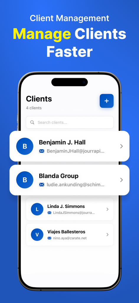Invoice Maker & Quote - Simple - Mobile app screen showing client management and a contact list for business invoicing.