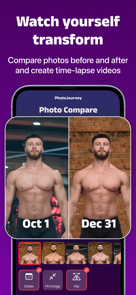 My Body Tracker: PhotoJourney - Side by side photo comparison of a fitness transformation from October to December within the PhotoJourney app interface