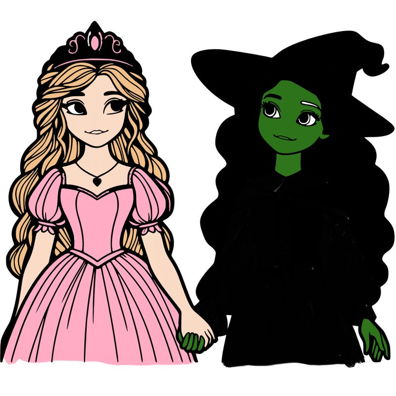 a princess and a witch holding hands realistic